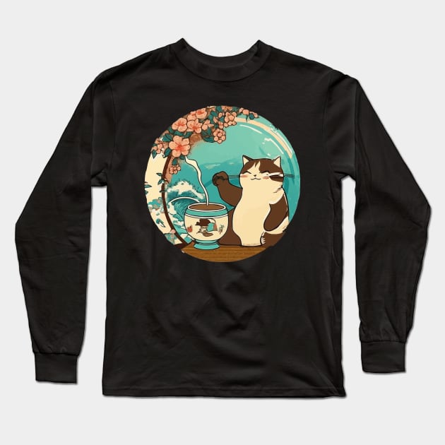 Lucky Cat Coffee Time Long Sleeve T-Shirt by Kona Cat Creationz